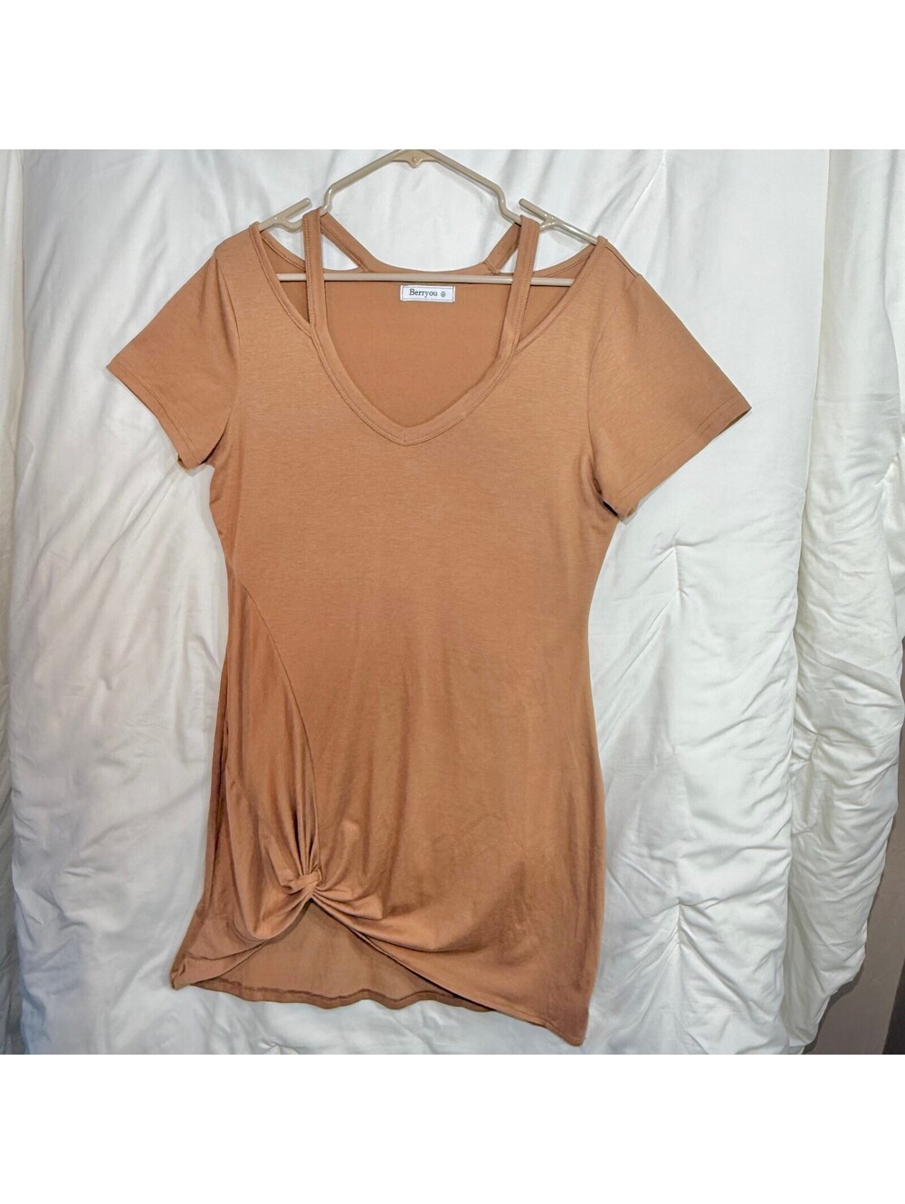 Berryou Brown Cutout Strappy T-Shirt Dress Medium Twist Front Asymmetrical Mini